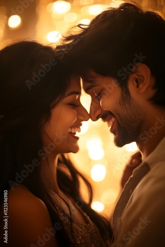 Joyful Indian Couple Sharing Intimate Moment in Warm Cozy Bedroom