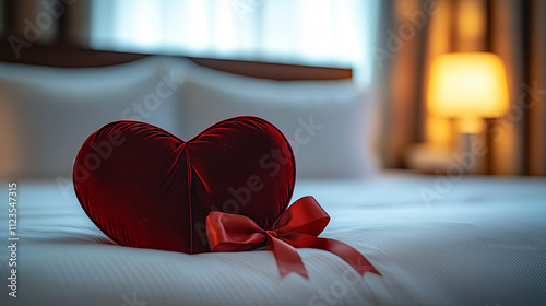 Red heart pillow on a white bed with cozy lighting, creating a romantic Valentine’s Day setting for love and relaxation. photo