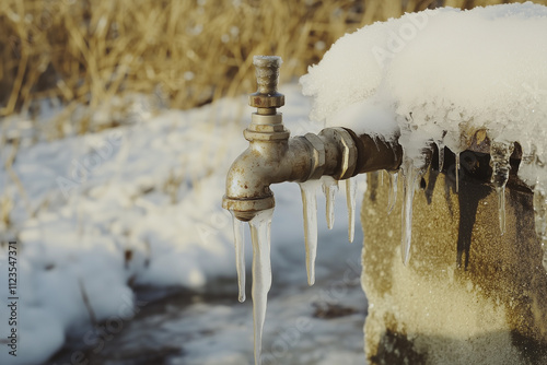 An icy water tap with icicles hanging off the spout, set against an outdoor winter background