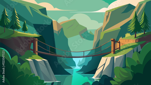 Suspended wooden bridge connects cliffs over a tranquil river in a vibrant mountain landscape