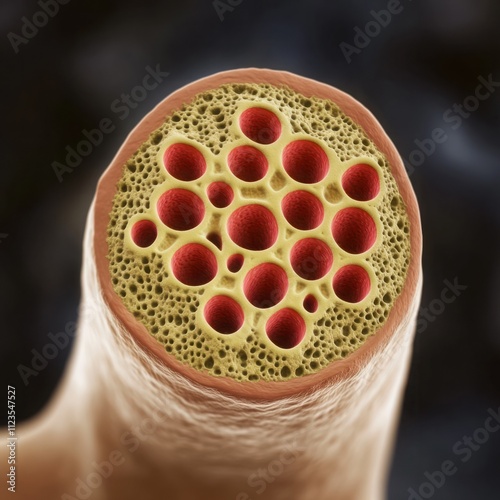 Cross-Section of Human Bone Tissue Showing Haversian Canals and Trabecular Structure, Highlighting Osteocytes and Bone Marrow in Intricate Detail photo