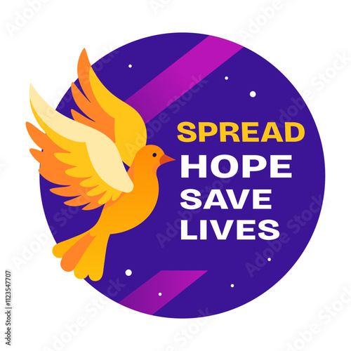 Flying bird with spread hope save lives typography, flat sticker 