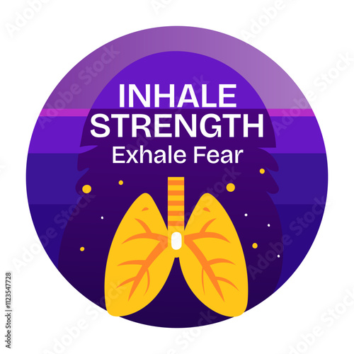 Lungs with inhale strength exhale fear typography, flat sticker 