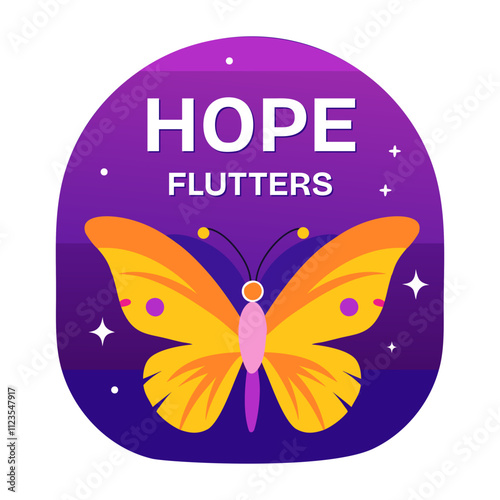 Butterfly with hope flutters typography, flat sticker 