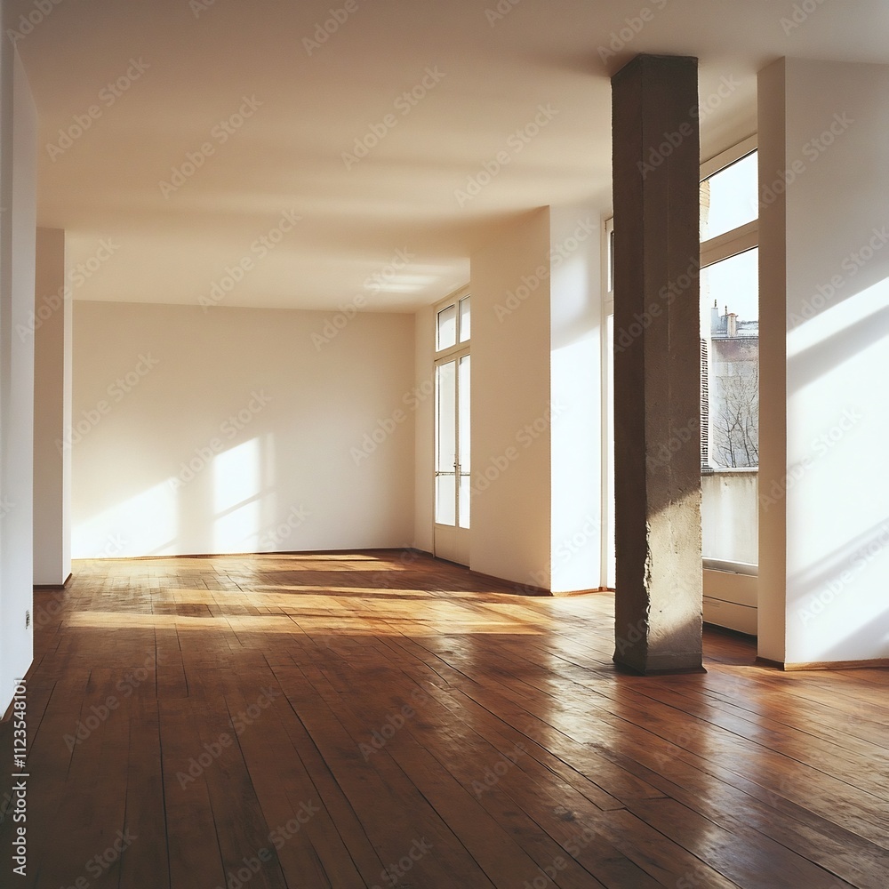 Obraz premium Minimalist Room with Wooden Floor and White Wall Bathed in Natural Sunlight