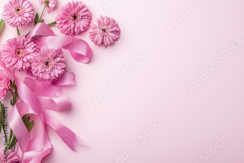 BOUNTY black with white and rose flowers on a pastel background, cancer awareness ribbon flat lay. World Cancer Day