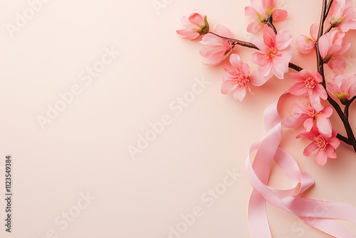 BOUNTY black with white and rose flowers on a pastel background, cancer awareness ribbon flat lay. World Cancer Day
