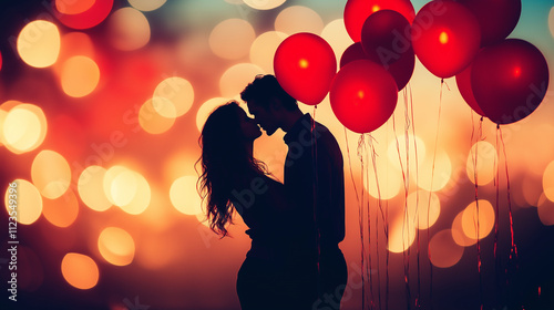 Romantic silhouette of a couple with red balloons and bokeh lights, symbolizing love and togetherness for Valentine’s Day celebrations. photo