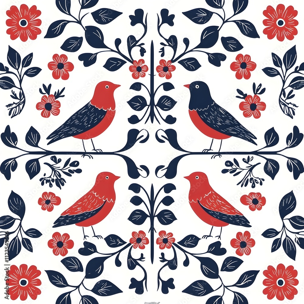 Obraz premium Scandinavian Folk Art Pattern with Symmetrical Birds, Red Florals, and Navy Accents seamless pattern