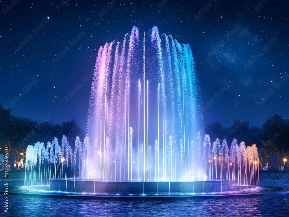 Fototapeta premium Mesmerizing Nighttime Fountain Display Illuminated with Colorful Lights Against a Starry Sky in a Tranquil Park Setting