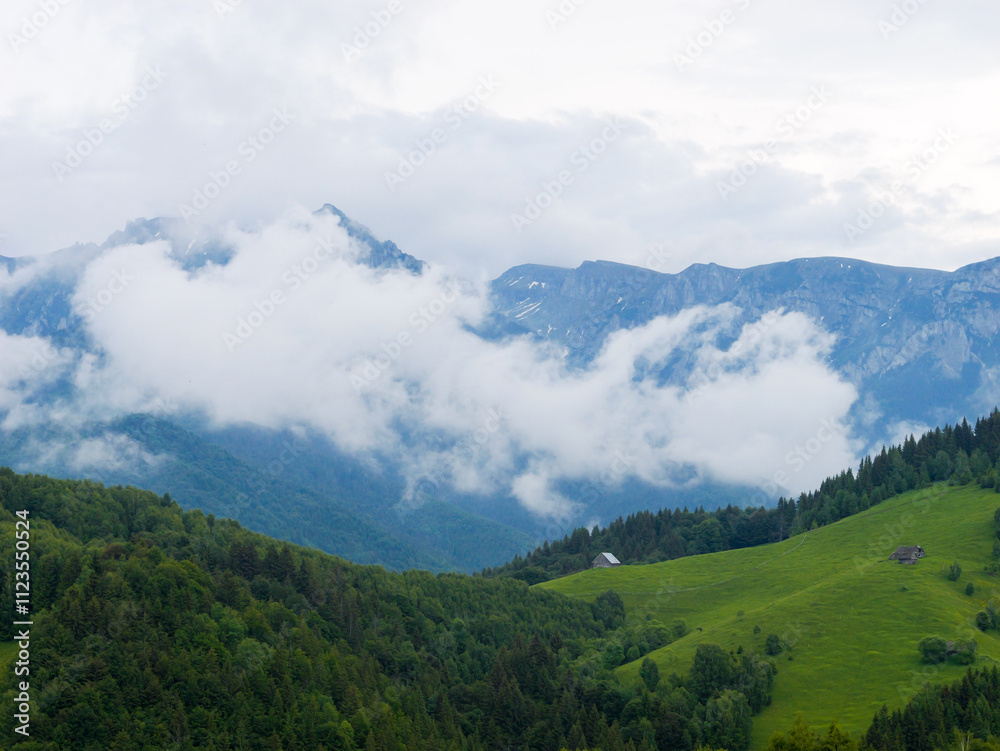 Fototapeta premium Mountain landscape with forest and clouds above it.