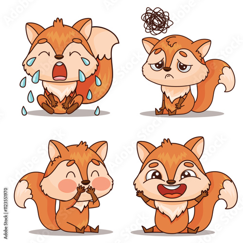 An adorable and lively illustration of a cartoon fox exhibiting various emotions such as joy, sadness, and frustration