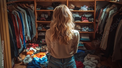 A woman with her back turned stands before a messy closet, contemplating choices and organizing clothes in a cluttered space..