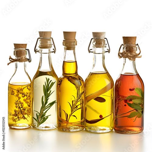 Set of glass transparent bottles with various oils on a white isolated background. Plant oil from sea buckthorn, rosemary and other plants. Aromatic vegetable oil.
