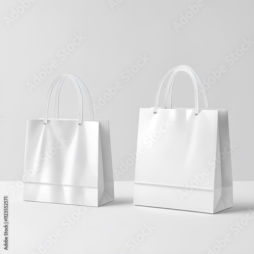 White shopping bags standing on the table. Packaging concept for shopping, food, etc. Mockup for packaging bag designs.