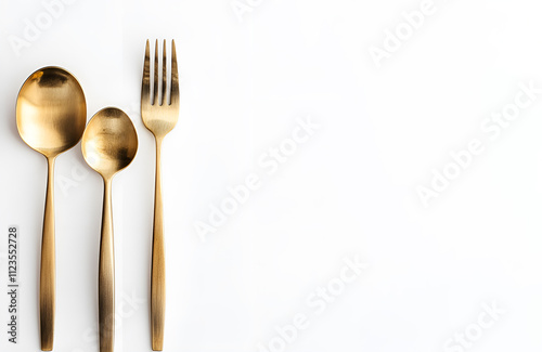 Banner with gold cutlery on a white background. Gold spoon and fork. Template for culinary banner