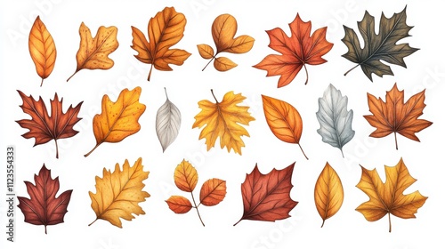 A collection of beautifully detailed autumn leaves in various shapes and colors, showcasing the vibrant hues of fall. Perfect for seasonal designs.