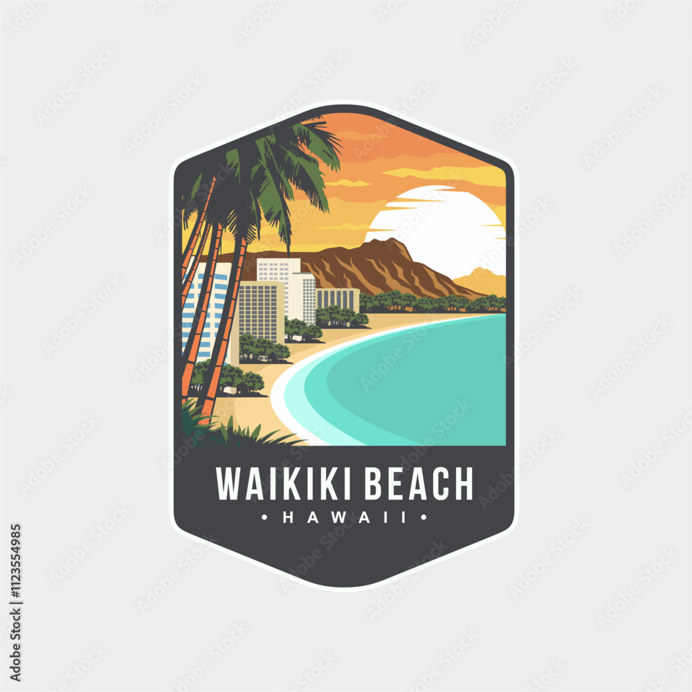 Illustration of Hawaiian waikiki beach patch logo