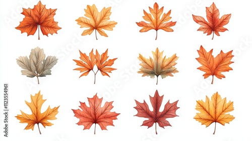 A collection of vibrant autumn leaves showcasing various colors including red, orange, and yellow. Perfect for seasonal decorative designs and themes.
