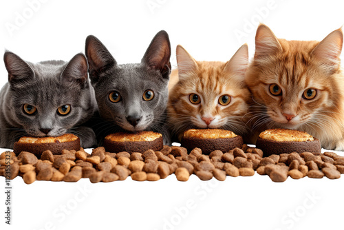 Four adorable cats sitting in a row, eagerly awaiting their treats, surrounded by kibble and snacks, with a focus on their curious expressions. photo