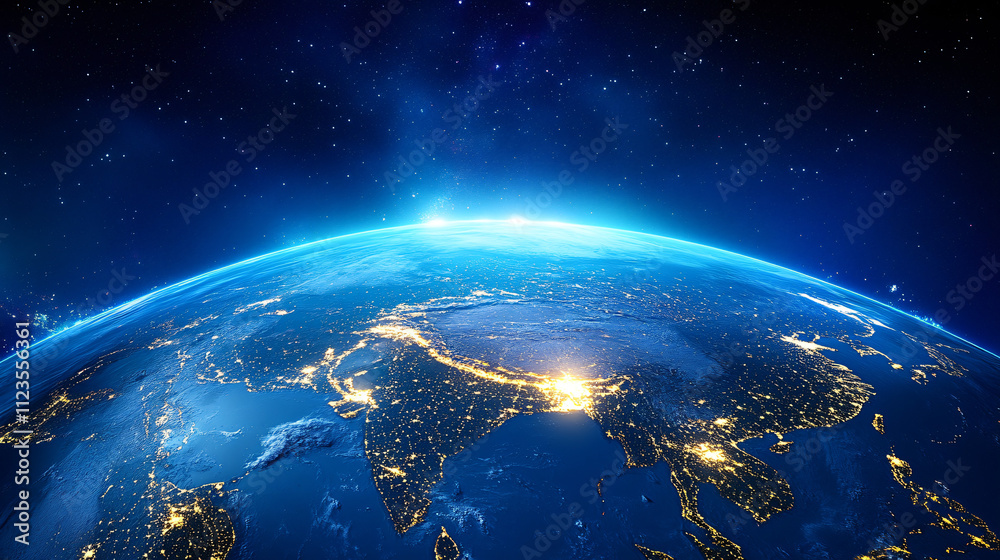 Naklejka premium A glowing view of Earth at night from space, showing the lights of cities scattered across continents.