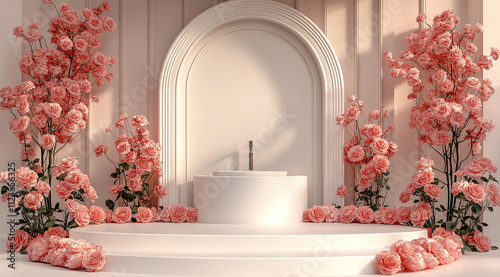 Floral pink rose arch on pastel pink background with white podium, romantic and elegant design perfect for Valentine’s Day products,  themes and celebrations. photo