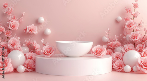 Floral pink rose arch on pastel pink background with white podium, romantic and elegant design perfect for Valentine’s Day products,  themes and celebrations. photo