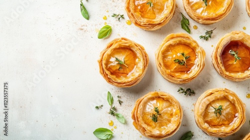 Gourmet Mini Cheese Tarts on Rustic Kitchen Surface photo