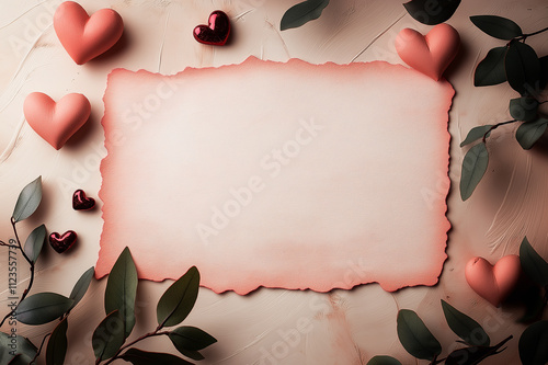 Torn paper surrounded by roses and red hearts on a painted pastel background, ideal for Valentine’s Day greeting cards and romantic themed invitations. photo