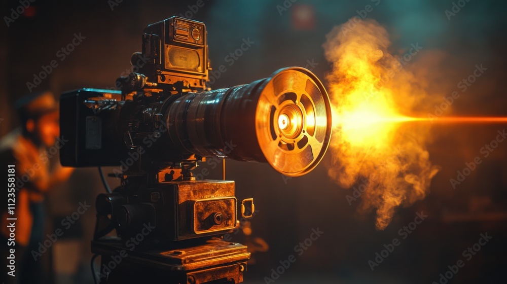 Fototapeta premium Cinematic lighting from a vintage film projector with a beam of light, capturing the essence of classic movie-making.