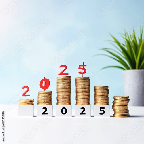 Calendar happy new year 2025 with graph and stack of growth coins. financial annual plan for save money, Budget, tax, investment, financial, savings, and New Year Resolution retirement concept photo