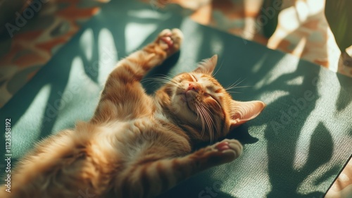 Adorable ginger cat relaxing on a yoga mat, basking in sunlight and playfully interacting with shadows The body is completely relaxed, eyes are closed