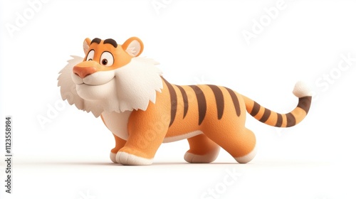 Playful cartoon tiger with a fluffy mane and vibrant stripes.