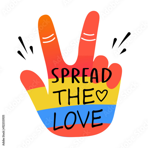 A flat sticker of a colourful hand making a peace sign with the text spread the love written on it