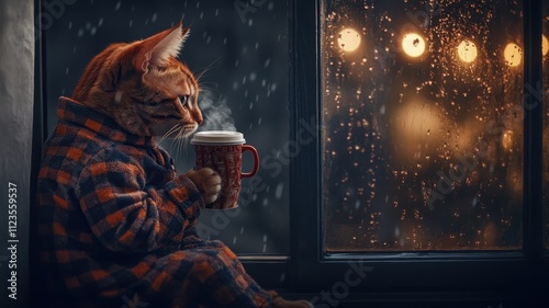 Ginger pajamas cat holding a cup of coffee in a plaid hoodie savors a warm drink while gazing out a rainy window at night