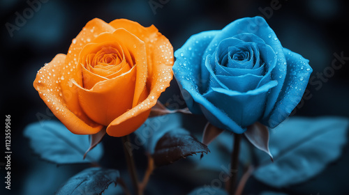 Closeup of blue and orange roses with dewdrops on petals, set against dark foliage, symbolizing love, freshness, and romantic Valentine’s Day celebrations. photo