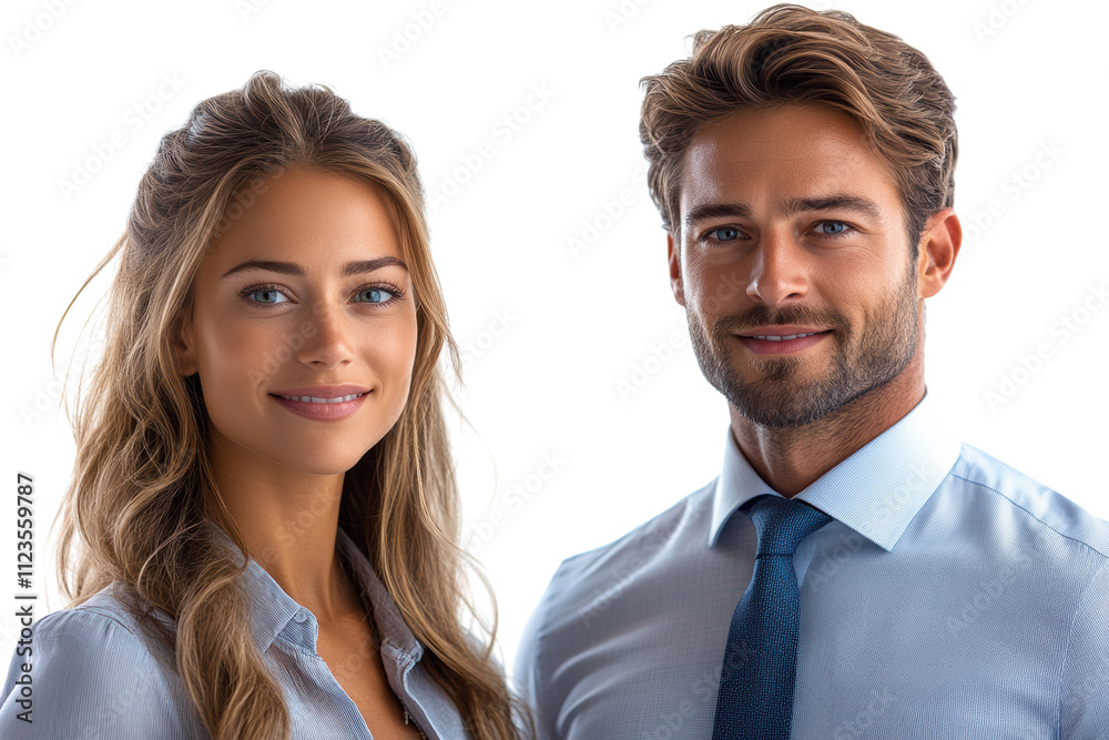 Portrait of a confident man and woman in professional attire smiling together against a white background. Portrait of a confident man and woman in professional attire smiling together against a white background.