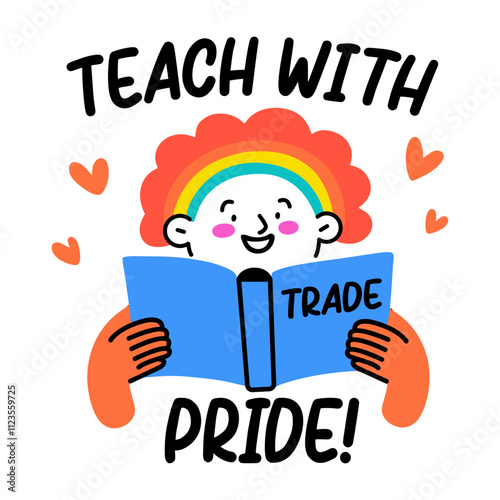 Flat sticker of a person with rainbow hair reading book with text teach with pride