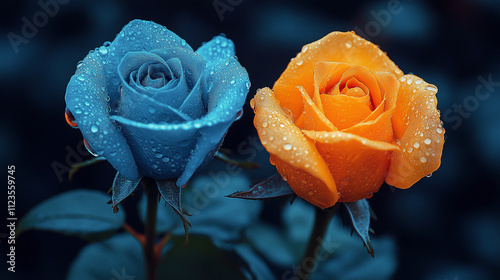 Closeup of blue and orange roses with dewdrops on petals, set against dark foliage, symbolizing love, freshness, and romantic Valentine’s Day celebrations. photo