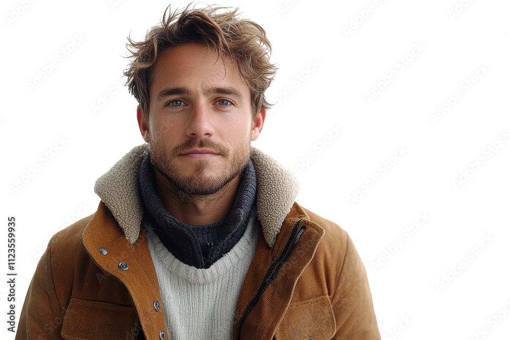 Obraz premium Portrait of a young man with a stylish brown jacket and cozy scarf against a white isolated background.