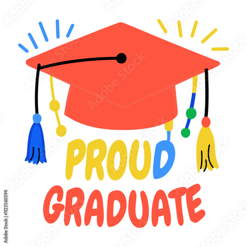 A flat sticker featuring a mortarboard with text proud graduate 