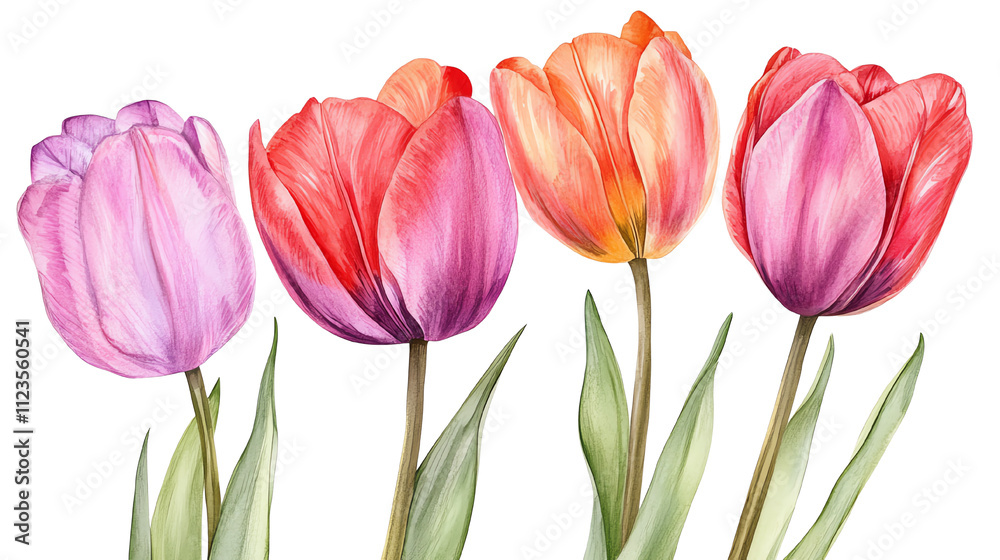Fototapeta premium Vibrant tulips in various colors, showcasing nature's beauty in spring bloom.