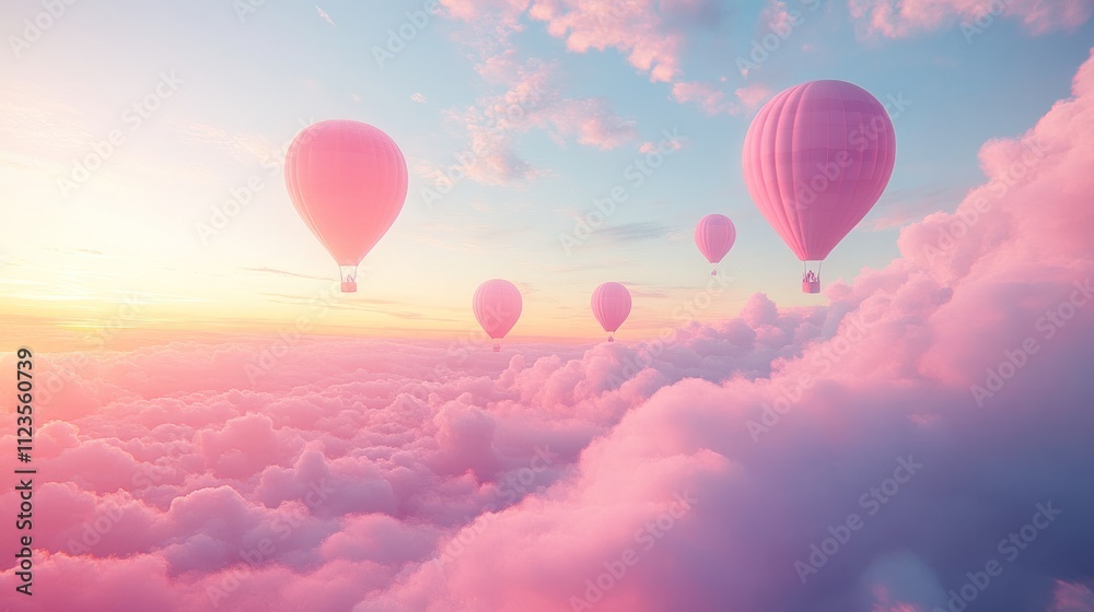 Obraz premium Pink Hot Air Balloons Soaring Above a Dreamlike Cloudscape at Sunset