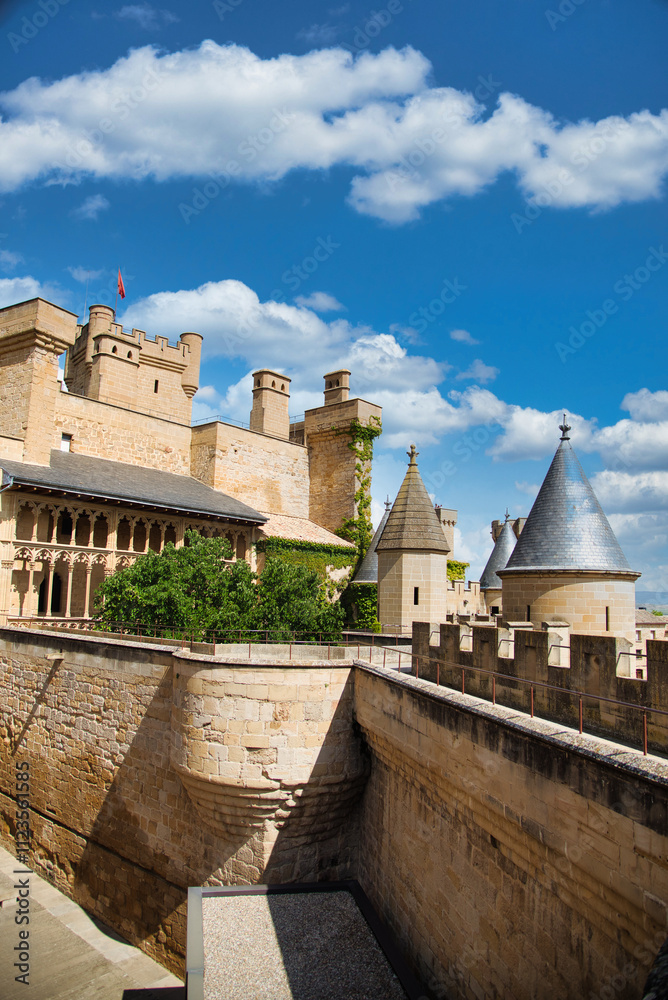 Obraz premium Detailed plan of the impressive architecture of the Castle of Olite in Navarre on a sunny day.