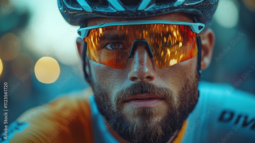 Close-up portrait of male cyclist in reflective sunglasses and helmet during competitive race. Athletic man, endurance, sports event, cycling competition, outdoor active lifestyle. Close-up portrait of male cyclist in reflective sunglasses and helmet during competitive race. Athletic man, endurance, sports event, cycling competition, outdoor active lifestyle.