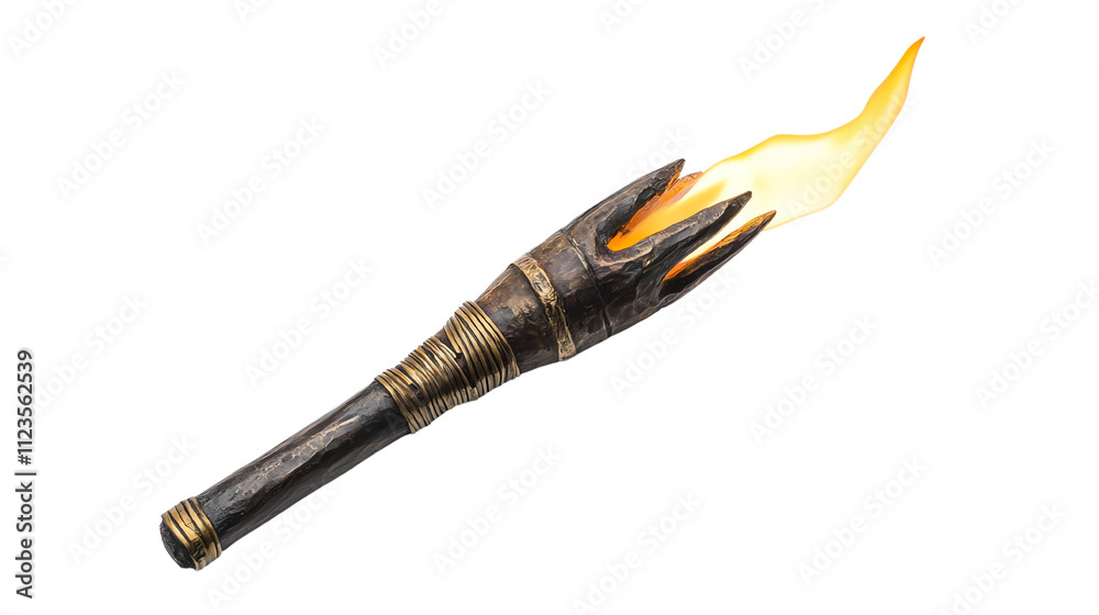 Fototapeta premium Antique torch with flame on a white isolated background.