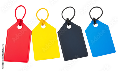 Colorful plastic tags with rings for labeling, isolated on a white background.