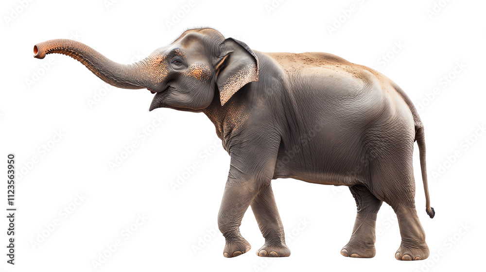 Obraz premium Elephant with trunk raised, white isolated background.