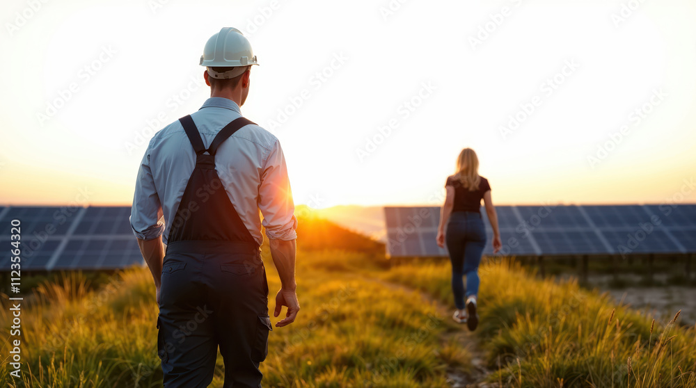 Fototapeta premium Engineers walking near solar panels at sunset in a field
