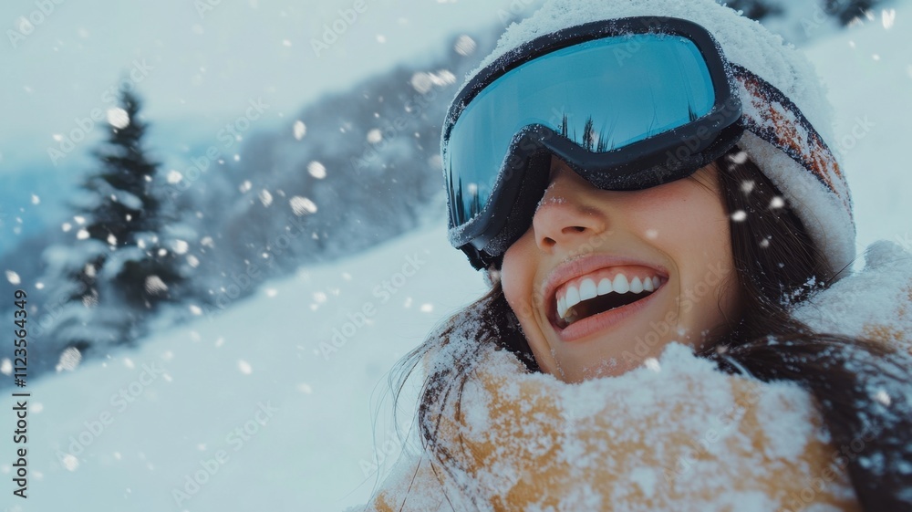 Smiling happy woman skier in ski goggles and beanie with falling snowflakes while enjoying winter snow sport. Copy space, banner concept Smiling happy woman skier in ski goggles and beanie with falling snowflakes while enjoying winter snow sport. Copy space, banner concept